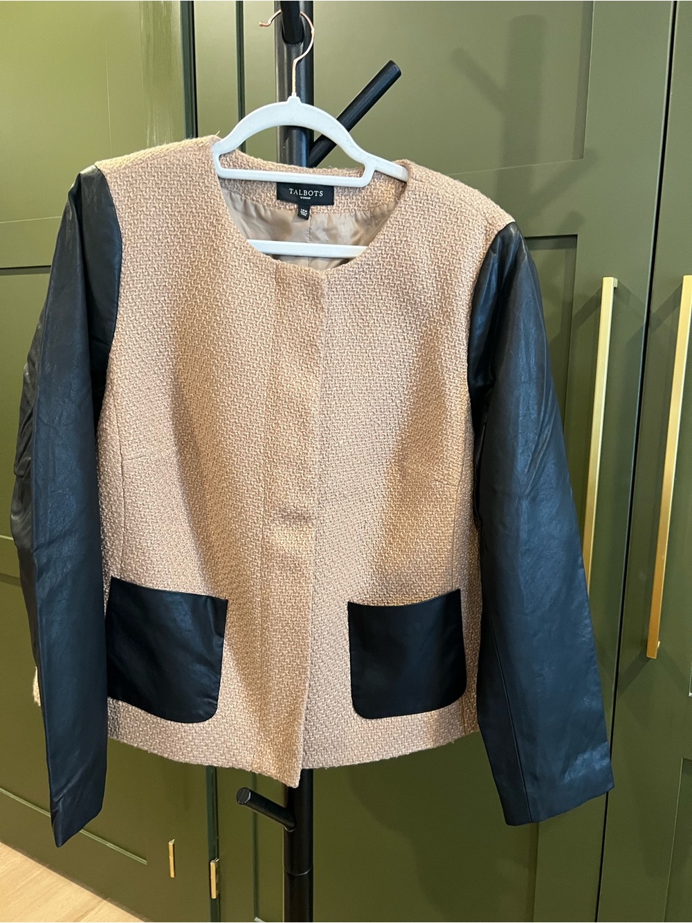 Talbots Cream Bouclé Jacket with Black Faux Leather Sleeves